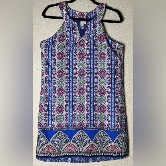 Pink Owl Blue Mini Dress with Geometric Patterns and Tank Top Style - Picture 3 of 6